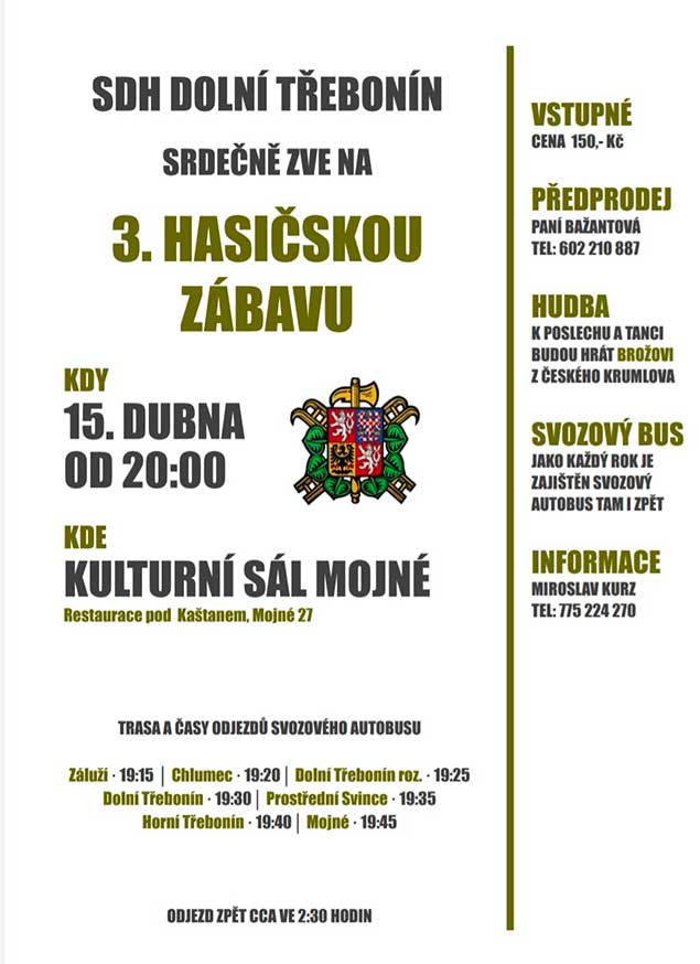 3. hasičská zábava SDH Dolní Třebonín 14. 4. 2022