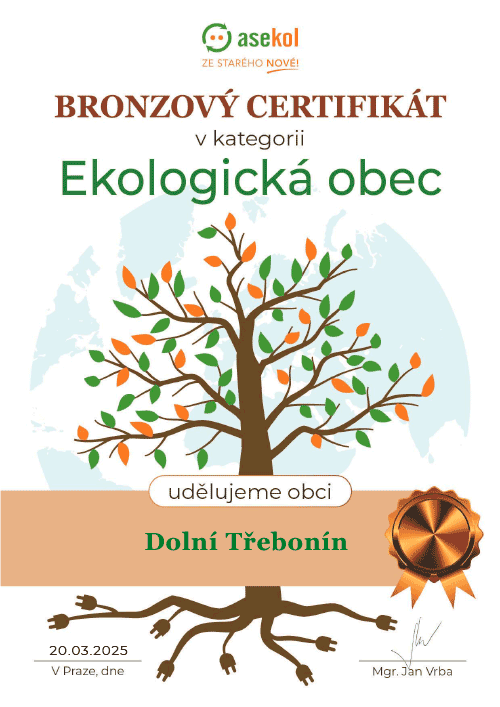 Dolní Třebonín získal bronzový certifikát v kategorii Ekologická obec